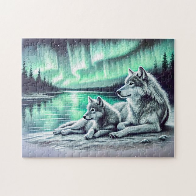 Två Varger vid Vatten Kant med norra Ljus Pussel (Horisontell)