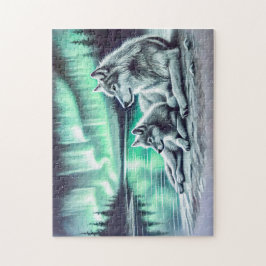 Två Varger vid Vatten Kant med norra Ljus Pussel