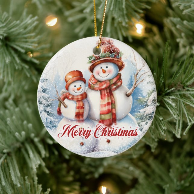 Två vattenfärger snögubbe i snö julgransprydnad keramik (Träd)