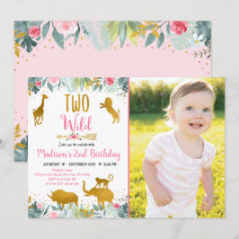 Två Vild Rosa Guld Greenery Safari Birthday Inbjudningar