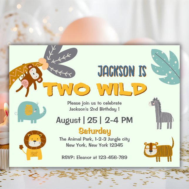 Två vilda 2-års födelsedagsafari djur söta inbjudningar (two wild safari animals birthday party invitation)