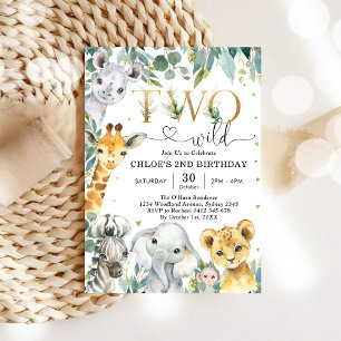 Två vilda födelsedagsdjur 2-års födelseinvitation inbjudningar