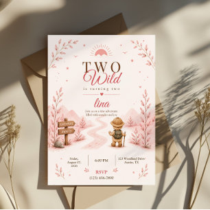 Två vilda rosa boho-utflyktarens födelsedagsdesign inbjudningar