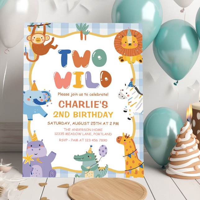TVÅ VILDA Safari Födelsedagsdjur Barn 2-årsdag Inbjudningar (Skapare uppladdad)