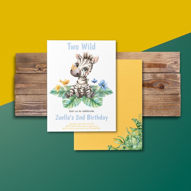 Två vilda zebra 2-års födelsedagsinbjudan inbjudningar (Safari Jungle Watercolor Zebra Yellow Blue Flowers Greenery Birthday Invitation)