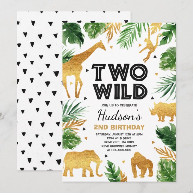 Två Vilder andra födelsedagen Party Safari Animals Inbjudningar (Fram/baksida)