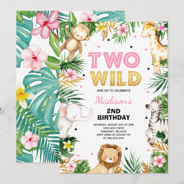 Två Vilder andra födelsedagen Party Safari Animals Inbjudningar (Fram/baksida)