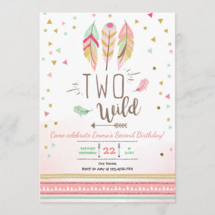 Två Vilder Birthday Girl Girl Rosa Guld 2nd Boho F Inbjudningar