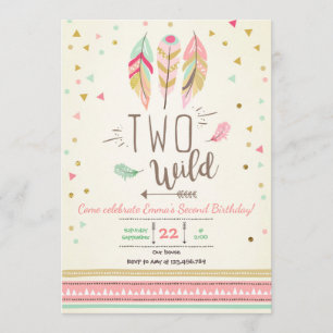 Två Vilder Birthday Girl Girl Rosa Guld 2nd Boho F Inbjudningar