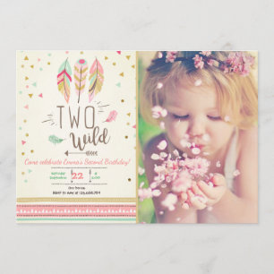 Två Vilder Birthday Girl Girl Rosa Guld 2nd Boho F Inbjudningar