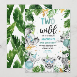 Två Vilder Birthday Guld Safari Jungle Animals Par Inbjudningar