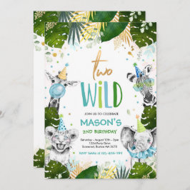 Två Vilder Birthday Guld Safari Jungle Animals Par Inbjudningar