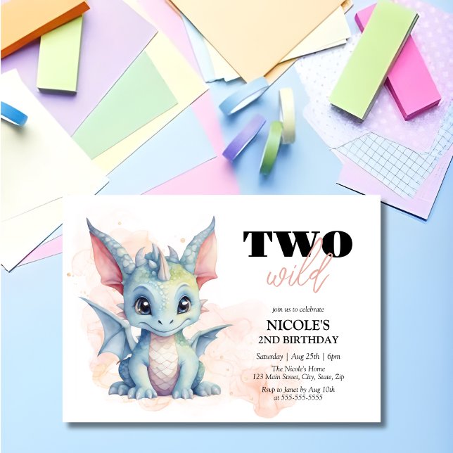 Två Vilder Cute Baby Dragon Fairytale 2:a födelsed Inbjudningar (Skapare uppladdad)