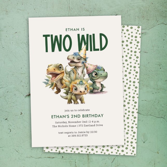 Två Vilder Cute Dinosaur 2:a födelsedagen Party Inbjudningar (Skapare uppladdad)