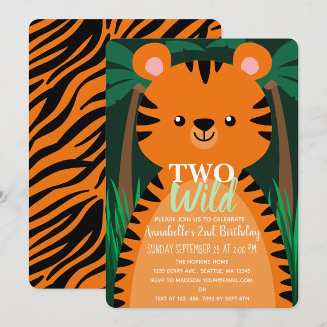 Två Vilder Cute Tiger Kids Andra födelsedag Inbjudningar (Fram/baksida)