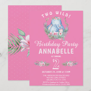 Två Vilder Cute Tropical Elephant Rosa Birthday Inbjudningar
