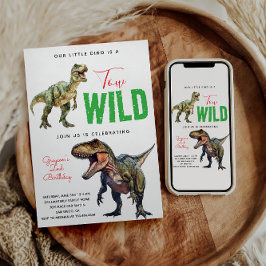 Två Vilder Dino Party Boy Dinosaur 2:a födelsedage Inbjudningar