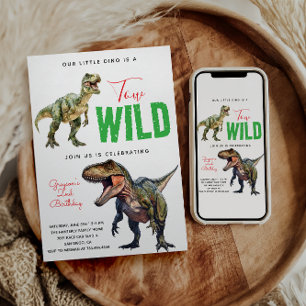 Två Vilder Dino Party Boy Dinosaur 2:a födelsedage Inbjudningar