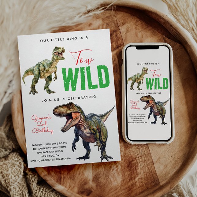 Två Vilder Dino Party Boy Dinosaur 2:a födelsedage Inbjudningar (Skapare uppladdad)