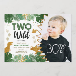Två Vilder Dino Party Boy Guld Dinosaur 2:a födels Inbjudningar