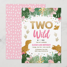 Två Vilder Dino Party Girl Rosa Dinosaur Birthday Inbjudningar