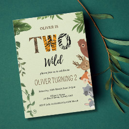Två Vilder djur brev grönt andra födelsedagen Inbjudningar