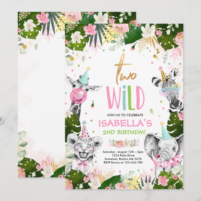 Två Vilder födelsedagen Guld Safari Jungle Animals Inbjudningar (Fram/baksida)