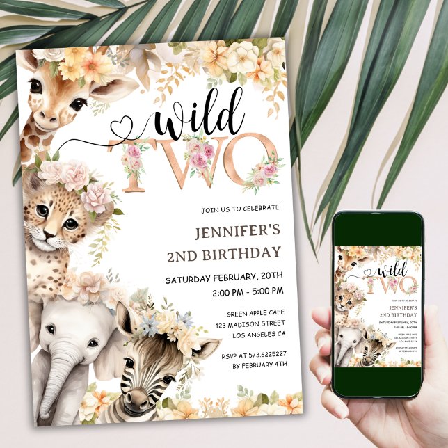 Två Vilder | Girl Safari Jungle 2:a födelsedagen Inbjudningar (Skapare uppladdad)