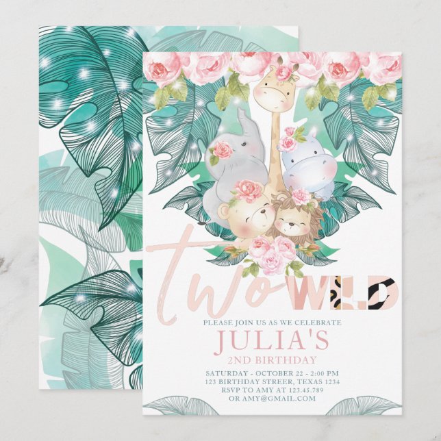 Två Vilder jungle Animals Birthday Cute Inbjudningar (Fram/baksida)