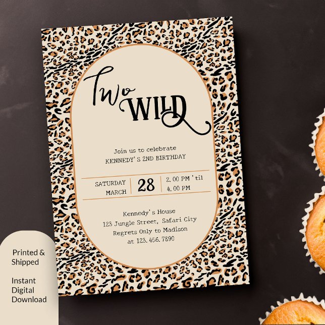 Två Vilder Leopard Skriv ut Neutralt 2:a födelseda Inbjudningar (Two Wild 2nd Birthday Invitation with leopard print)