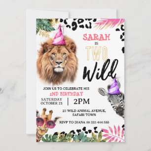 Två Vilder Safari Animals 2:a födelsedag Party inb Inbjudningar