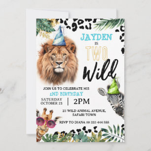 Två Vilder Safari Animals 2:a födelsedag Party Inbjudningar