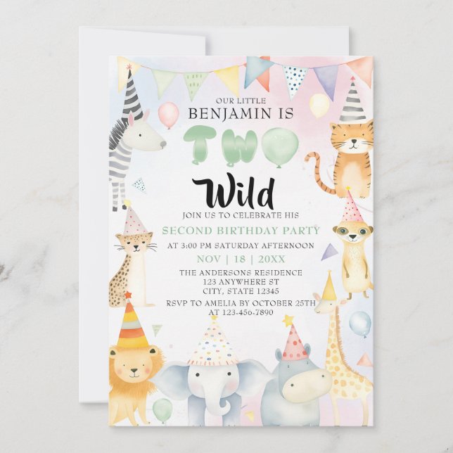 Två Vilder Safari Animals Boy 2 Birthday Party Inbjudningar (Framsida)