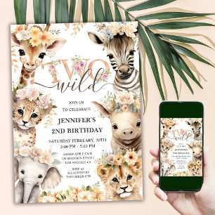 Två Vilder Safari Animals Girl 2:a födelsedagen Inbjudningar
