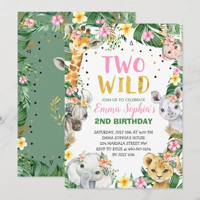 Två Vilder Safari Birthday-inbjudan Inbjudningar (Fram/baksida)