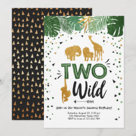 Två Vilder Safari Guld Boy Animals Födelsedagsfest Inbjudningar