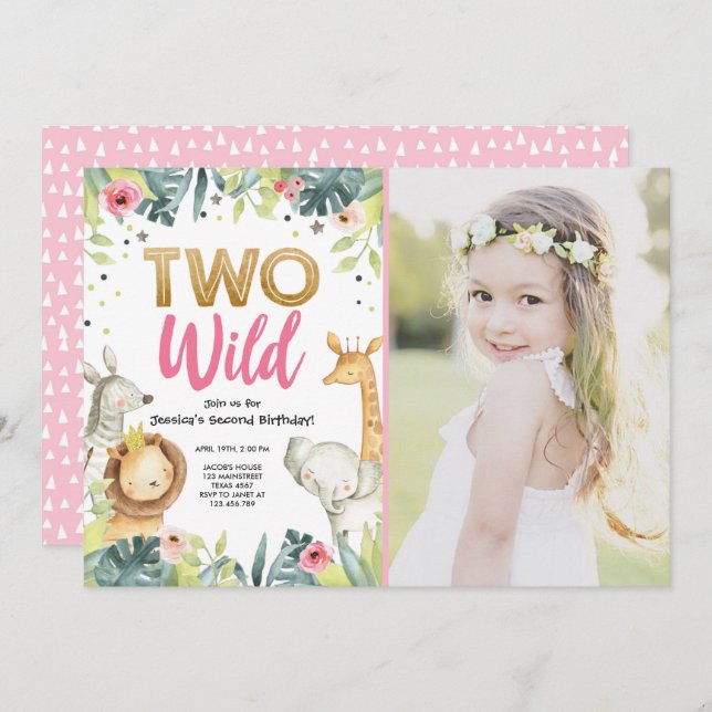Två Vilder Safari Guld Flickdjur Födelsedagsfest Inbjudningar (Fram/baksida)
