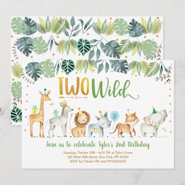 Två Vilder Safari Jungle Birthday Inbjudningar (Fram/baksida)