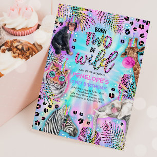 Två Vilder Safari Neon Rainbow Cheetah Birthday Inbjudningar