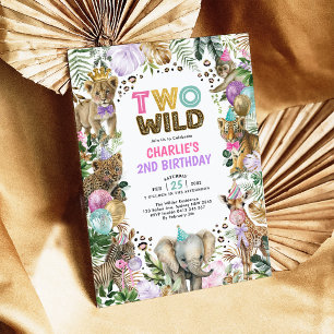 Två Vilder Safari Party Animals Girl 2 Birthday Inbjudningar