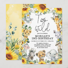 Två Vilder Solros Safari Animals andra födelsedage Inbjudningar