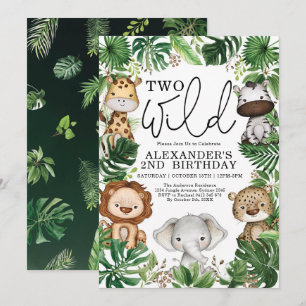 Två Vilder Tropical Safari Animals 2nd Birthday Bo Inbjudningar