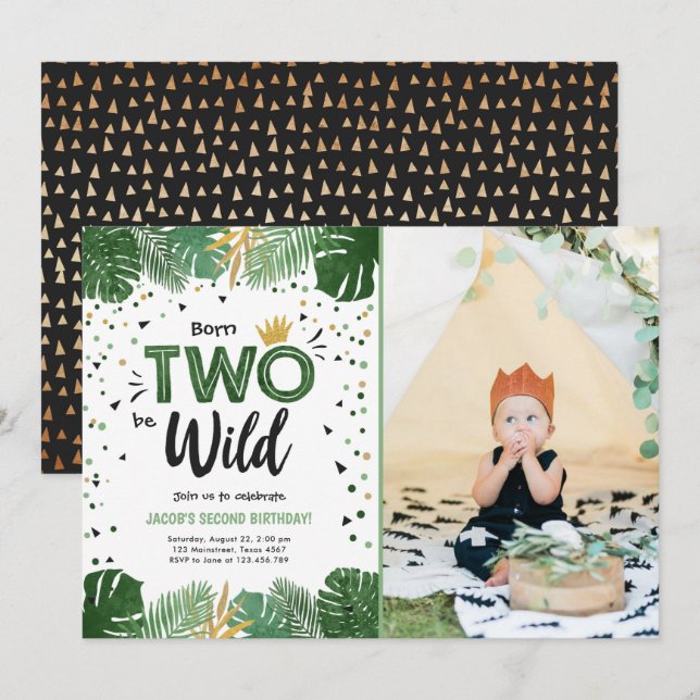 Två Vilder Tropical Safari Guld Boy Second Birthda Inbjudningar (Fram/baksida)