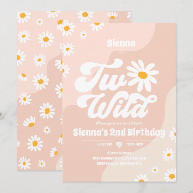 Två Vilders andra födelsedag Party Boho Blommigt D Inbjudningar (Fram/baksida)