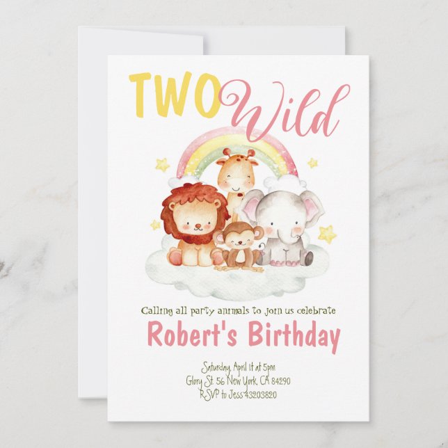 Två Vilders inbjudan till Safari Rainbow Birthday (Framsida)