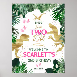 Två Vilders Rosa Dinosaur2nd Birthday Party Välkom Poster