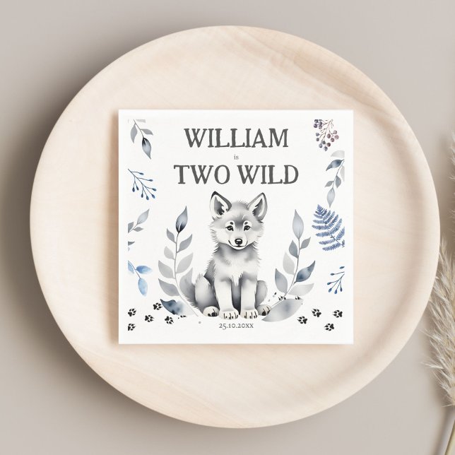 Två Vilders varg födelsedagsfest tryckt med tema Pappersservett (Two Wild wolf themed birthday party monogram printed Napkins template personalized tableware decor)