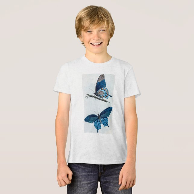Två Vintagar blå fjärilar T Shirt (Framsida Full)