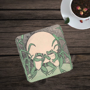 Två Vintagar Lusnyj Kärlek Grönt Frogs Måne Underlägg Papper Kvadrat