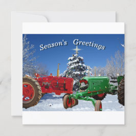 Två vintage traktorer i snö Platt julkort